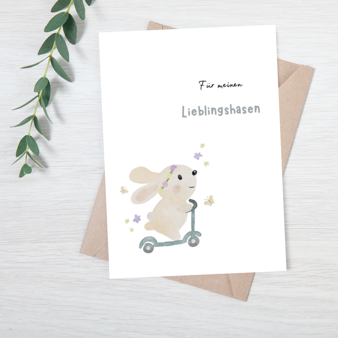 „Für meinen Lieblingshasen“ – Fröhliche Osterkarte mit Hasen auf dem Roller