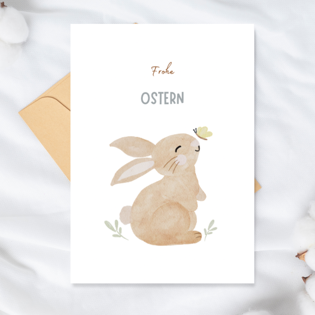„Frohe Ostern“ – Liebevolle Osterkarte mit niedlichem Hasen