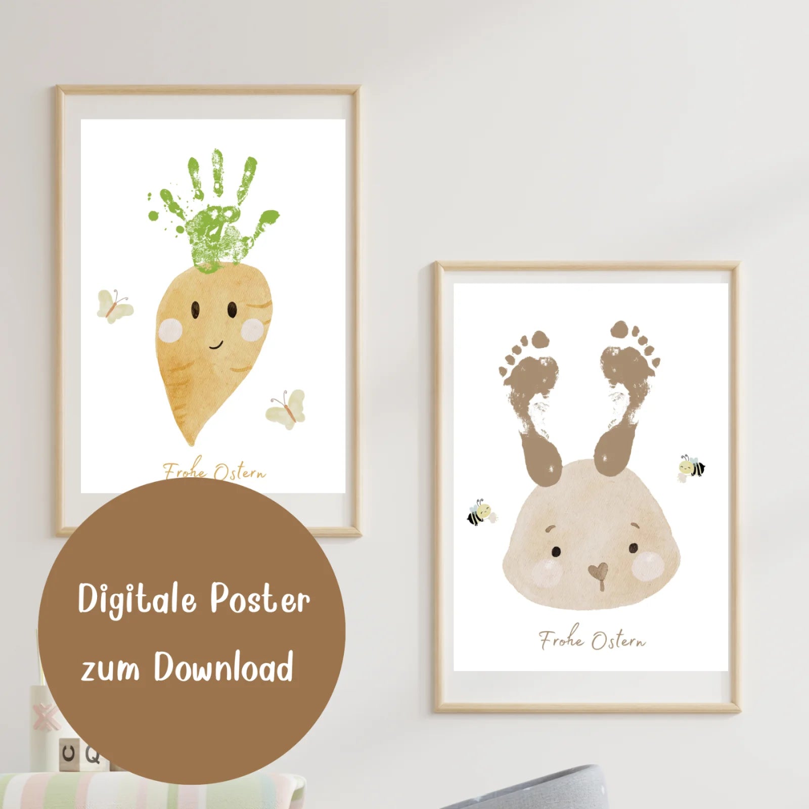 Hasenbild und Möhrenbild für Handabdruck und Fußabdruck – Osterposter zum Download