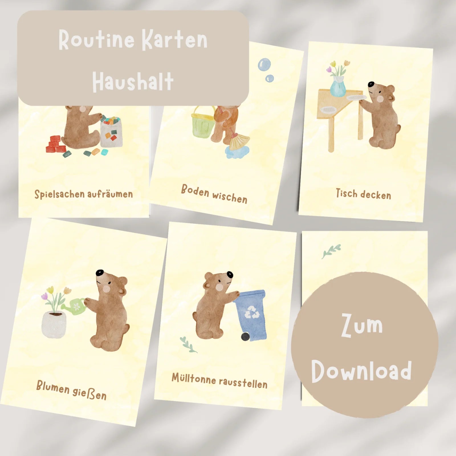 Routinekarten Bär Haushalt zum Download, 17 Motive mit Alltagsaufgaben