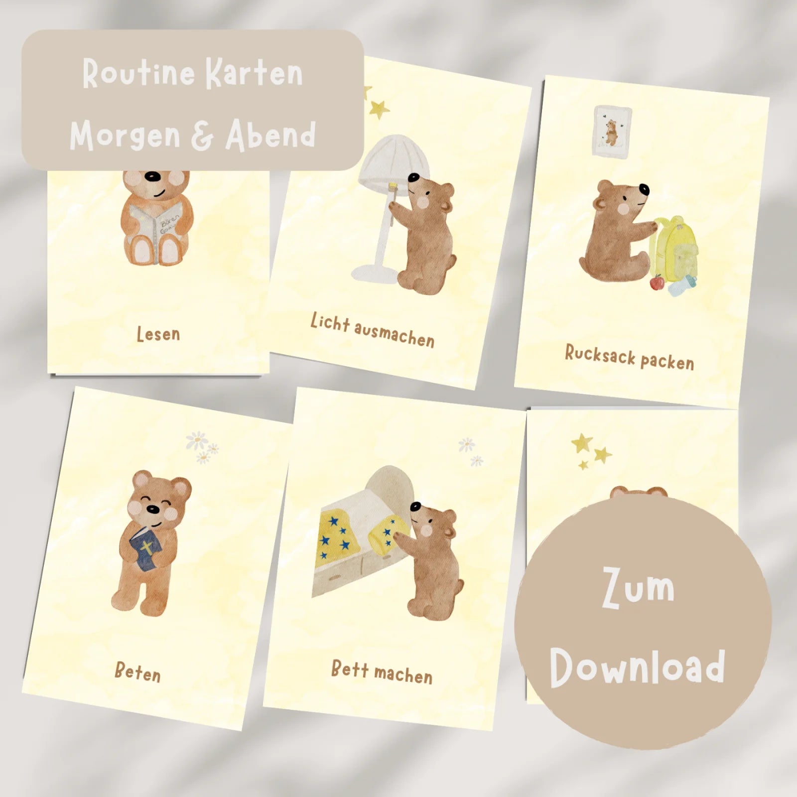 Routinekarten Bär Morgen & Abend zum Download, 21 Motive für morgendliche und abendliche Routinen