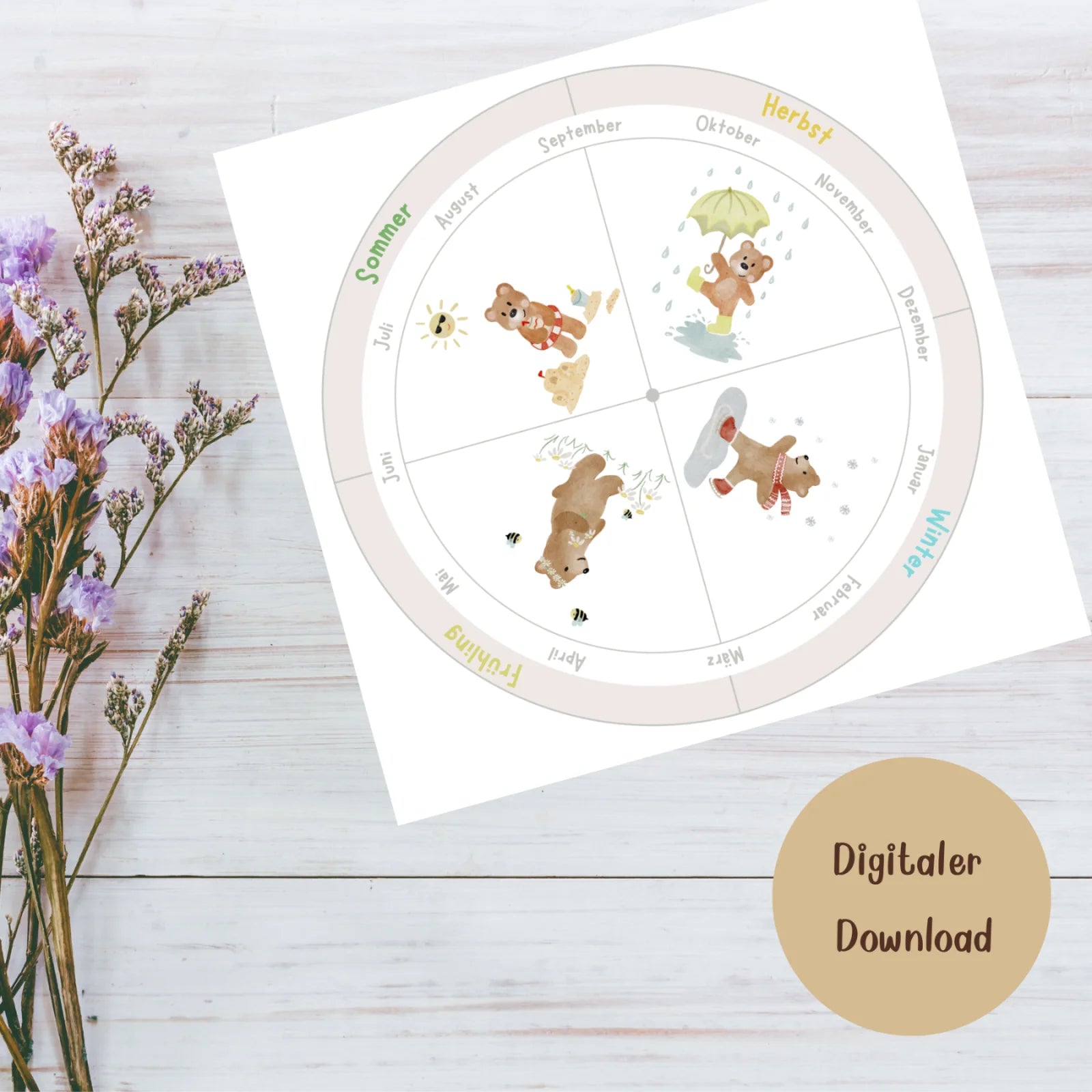 Jahreszeiten-Uhr Bär Bastelvorlage zum Download pdf