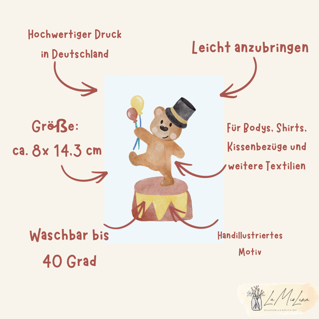 Bügelbild Zirkusbär für Kinderkleidung und Kinderzimmerdeko