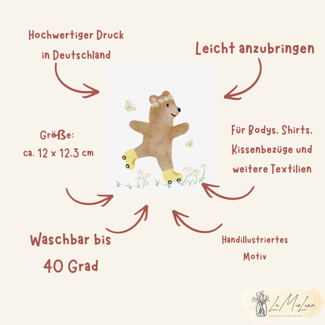 Bügelbild Frühling Bär auf Rollschuhen