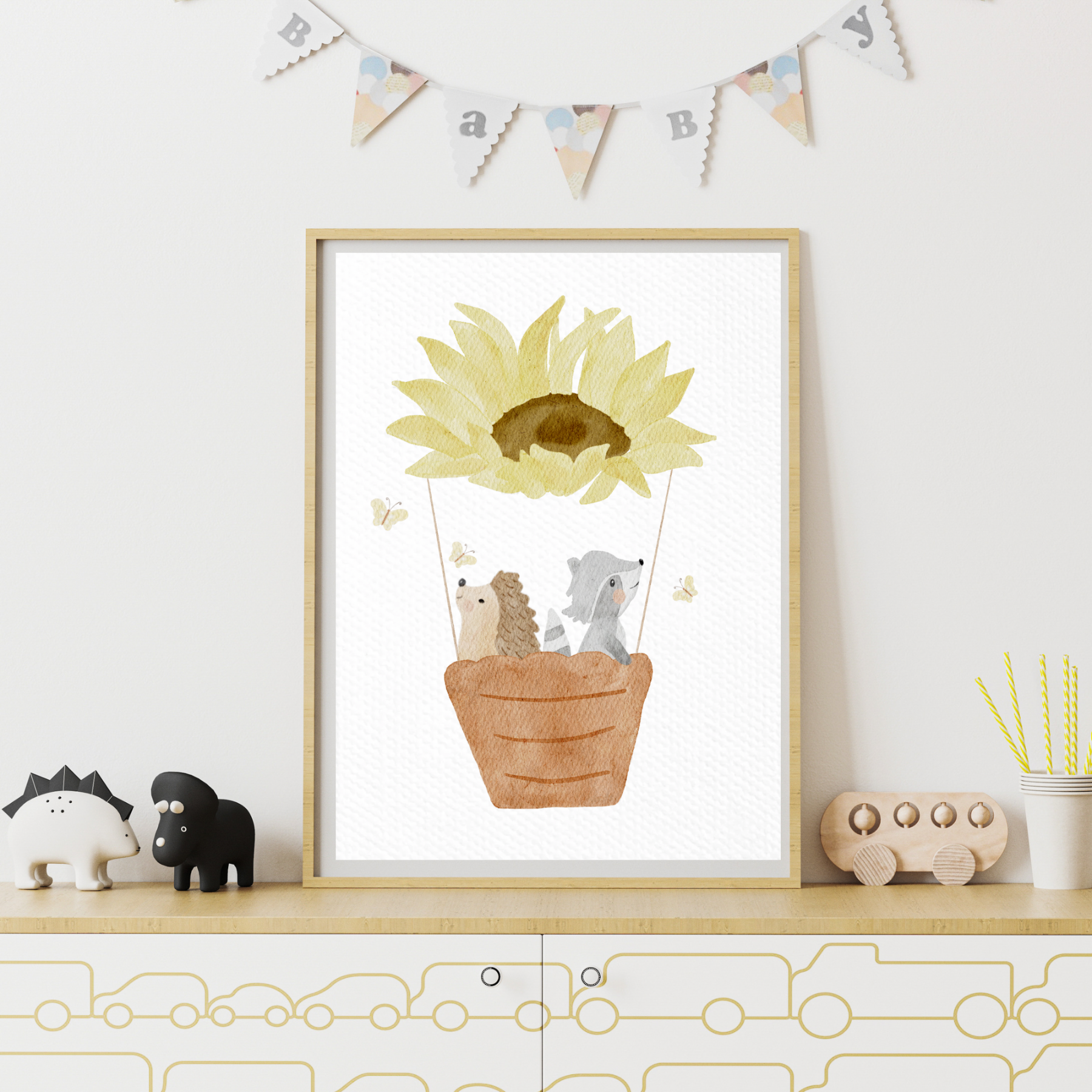 Kinderposter Heißluftballon "Sonnenblume Igel und Waschbär"
