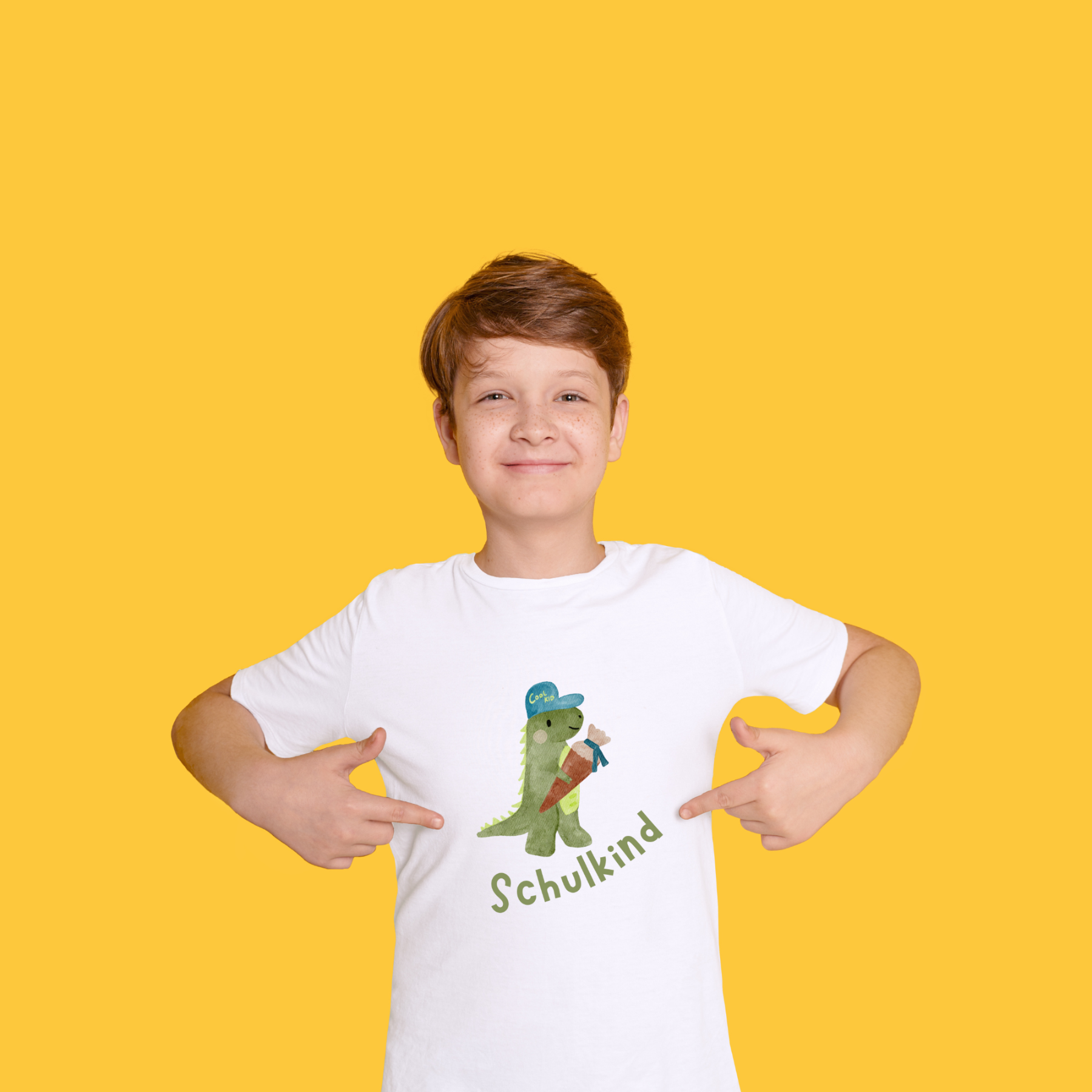 Schulkind Dino mit Schultüte – Bügelbild zur Einschulung