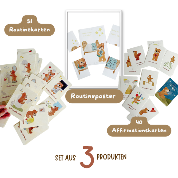 Dein entspannter Alltag mit Kindern beginnt hier: das XL Familien Bundle: 51 Routinekarten, 40 Affirmationskarten, 1 Routineposter mit 4 Karten