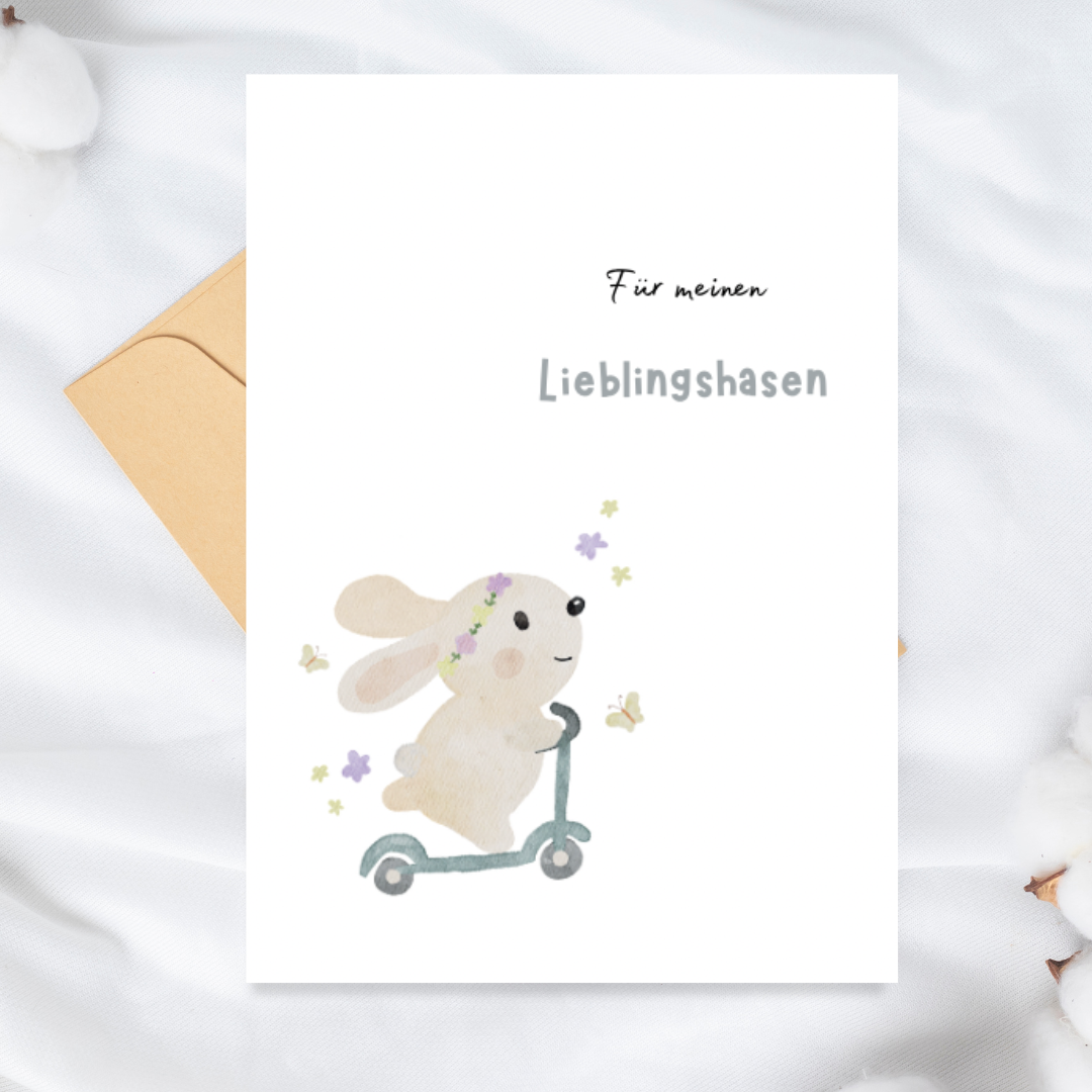 „Für meinen Lieblingshasen“ – Fröhliche Osterkarte mit Hasen auf dem Roller