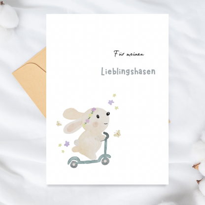 „Für meinen Lieblingshasen“ – Fröhliche Osterkarte mit Hasen auf dem Roller