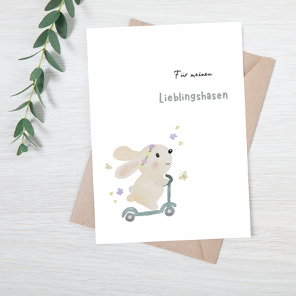 „Für meinen Lieblingshasen“ – Fröhliche Osterkarte mit Hasen auf dem Roller