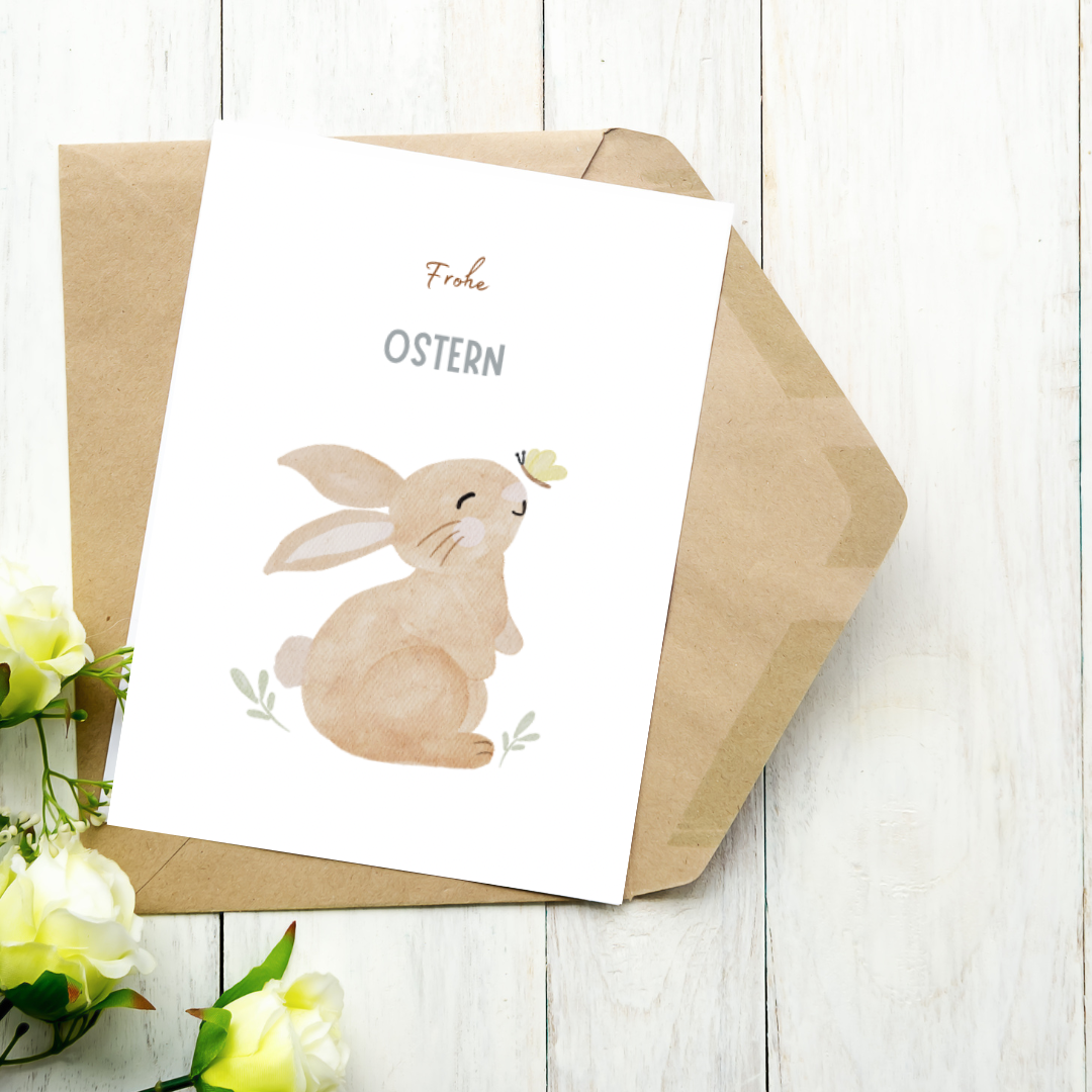 „Frohe Ostern“ – Liebevolle Osterkarte mit niedlichem Hasen
