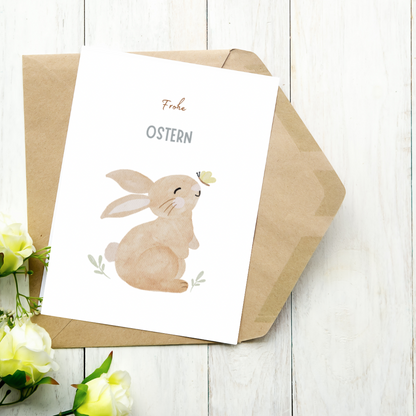 „Frohe Ostern“ – Liebevolle Osterkarte mit niedlichem Hasen