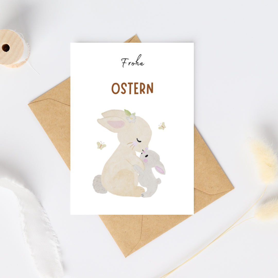 „Frohe Ostern“ – Liebevolle Osterkarte mit Mama- und Babyhase