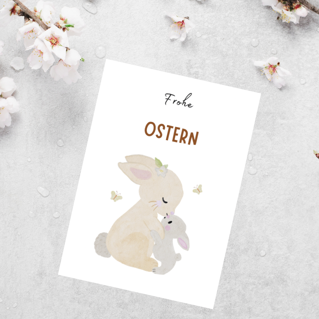 „Frohe Ostern“ – Liebevolle Osterkarte mit Mama- und Babyhase