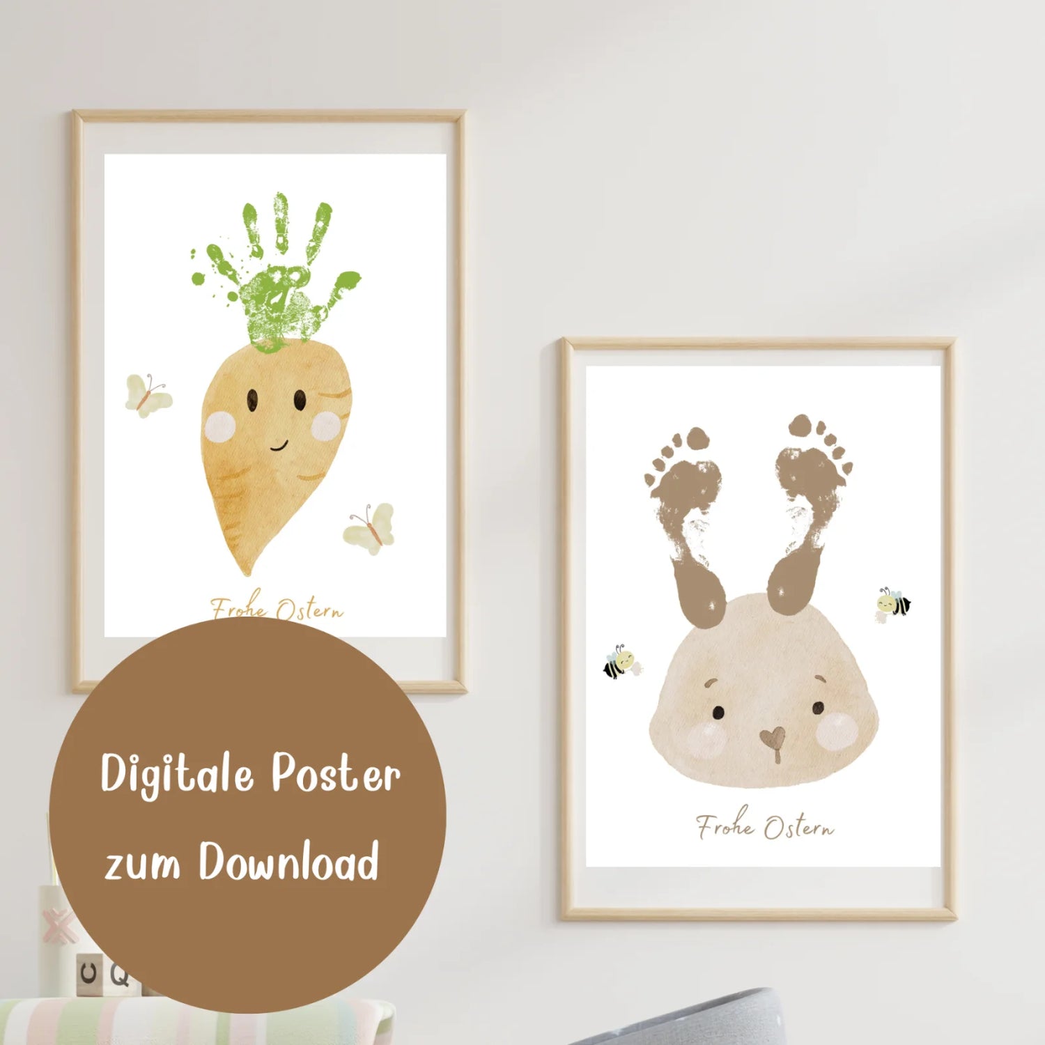 Hasenbild und Möhrenbild für Handabdruck und Fußabdruck – Osterposter zum Download