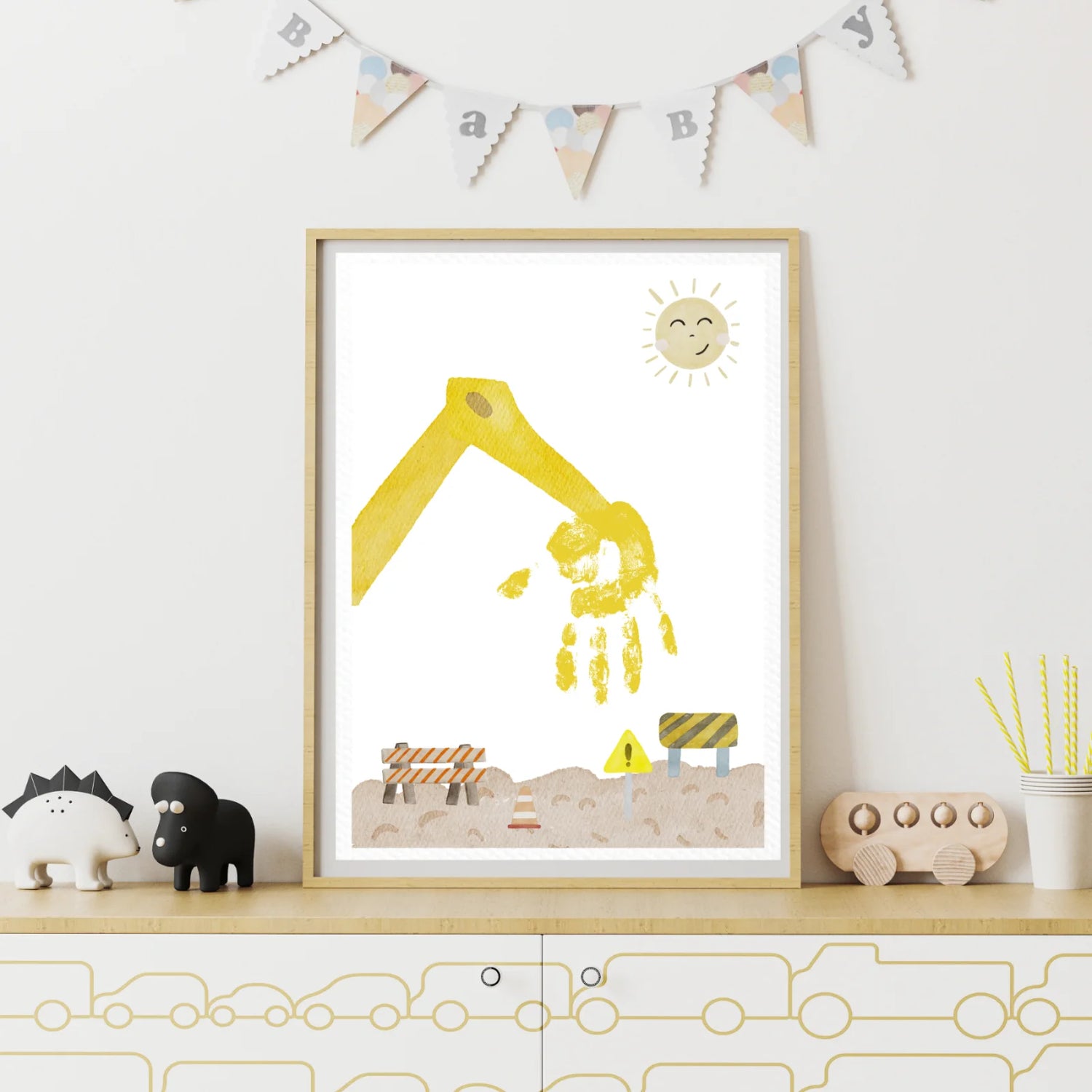 Handabdruck-Poster „Bagger“ – Ein kreatives DIY-Geschenk zum Vatertag, pdf zum Herunterladen