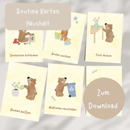 Routinekarten Bär Haushalt zum Download, 17 Motive mit Alltagsaufgaben