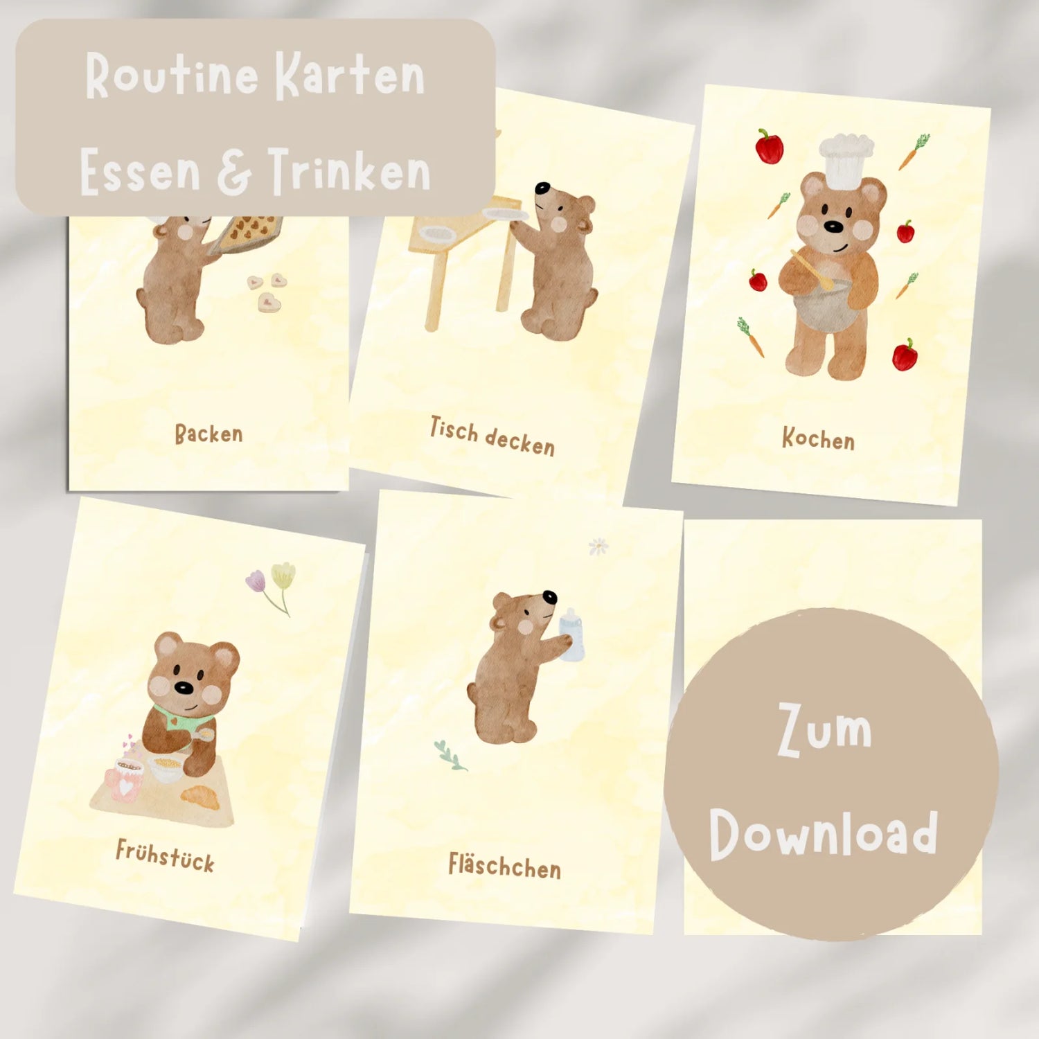 Routinekarten Bär Essen &amp; Trinken zum Download, 9 Motive rund um das Thema Essen und Küche
