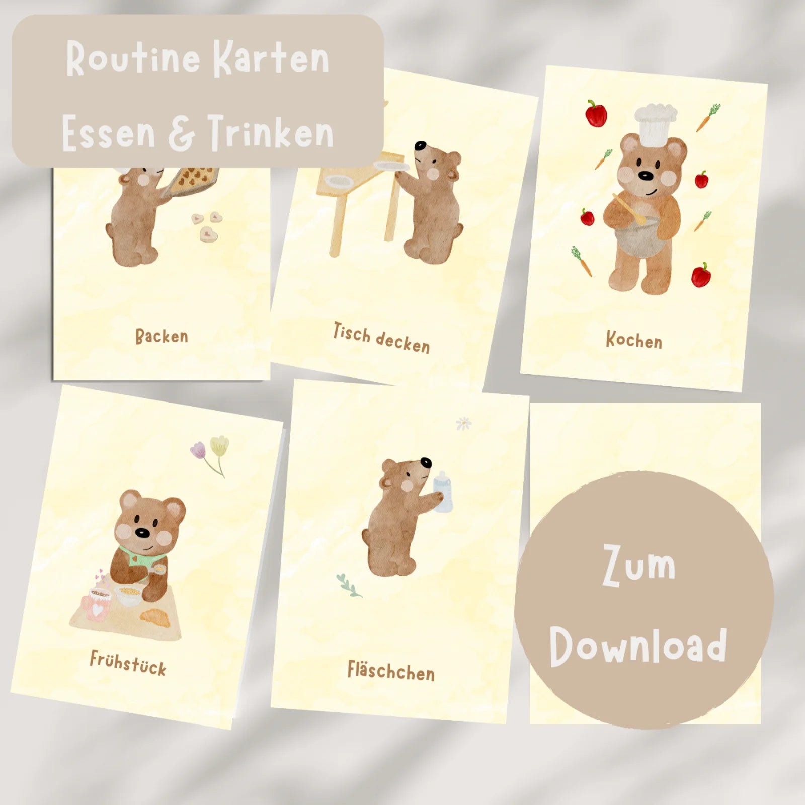 Routinekarten Bär Essen &amp; Trinken zum Download, 9 Motive rund um das Thema Essen und Küche
