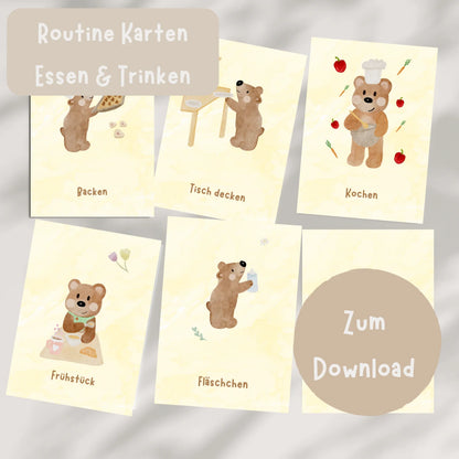 Routinekarten Bär Essen &amp; Trinken zum Download, 9 Motive rund um das Thema Essen und Küche
