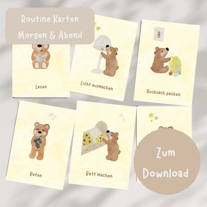 Routinekarten Bär Morgen &amp; Abend zum Download, 21 Motive für morgendliche und abendliche Routinen