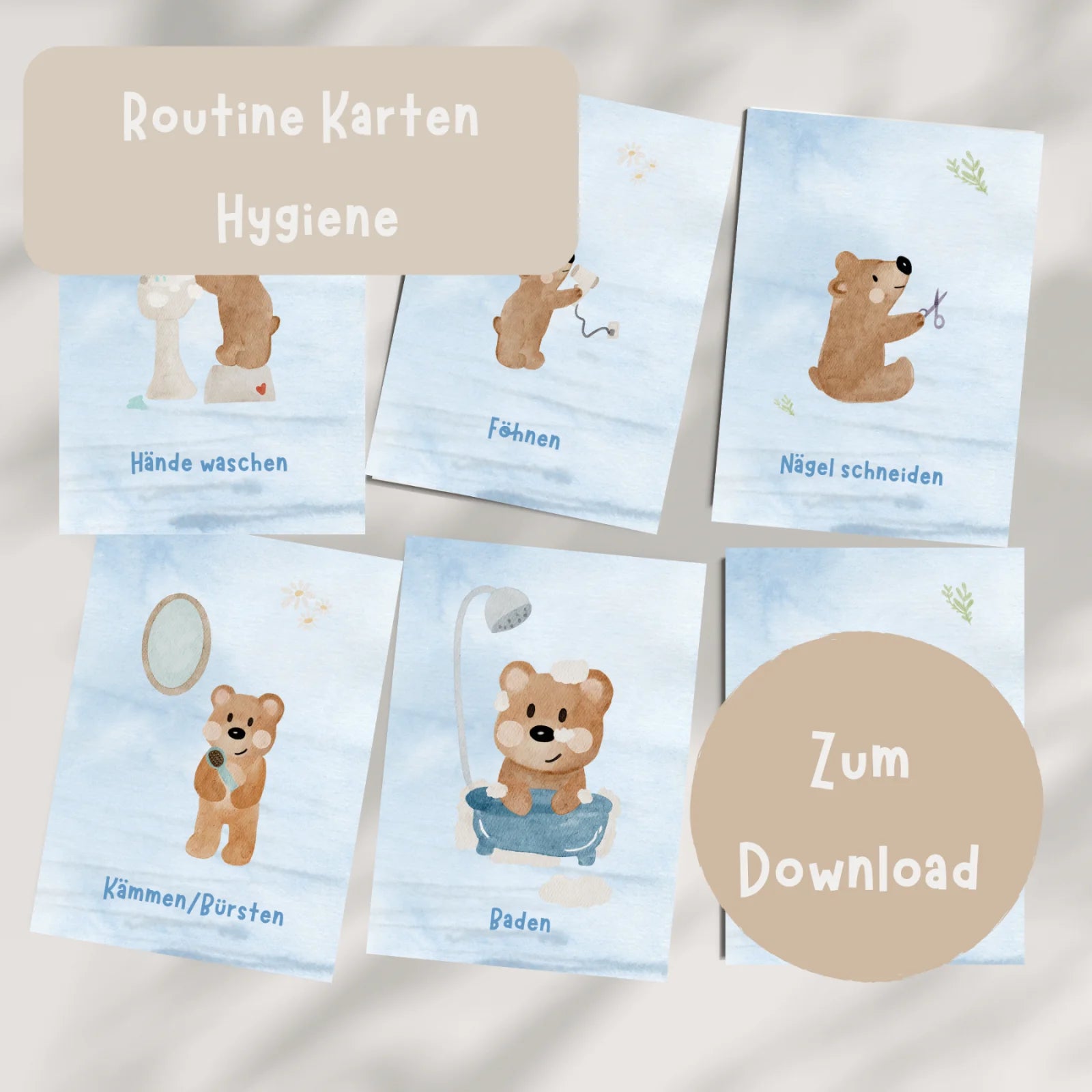Routinekarten Bär Hygiene zum Download, 14 Motive für die Badezimmer Routine