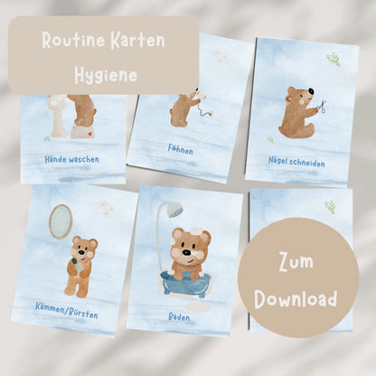 Routinekarten Bär Hygiene zum Download, 14 Motive für die Badezimmer Routine