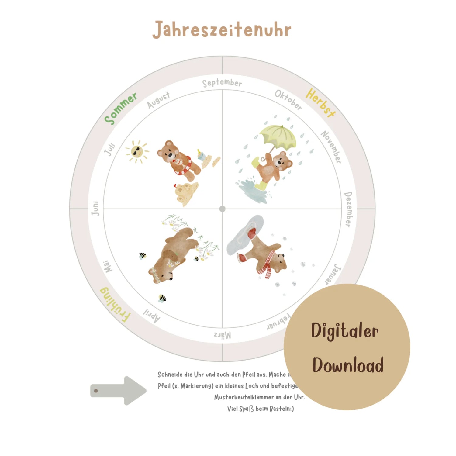 Jahreszeiten-Uhr Bär Bastelvorlage zum Download pdf