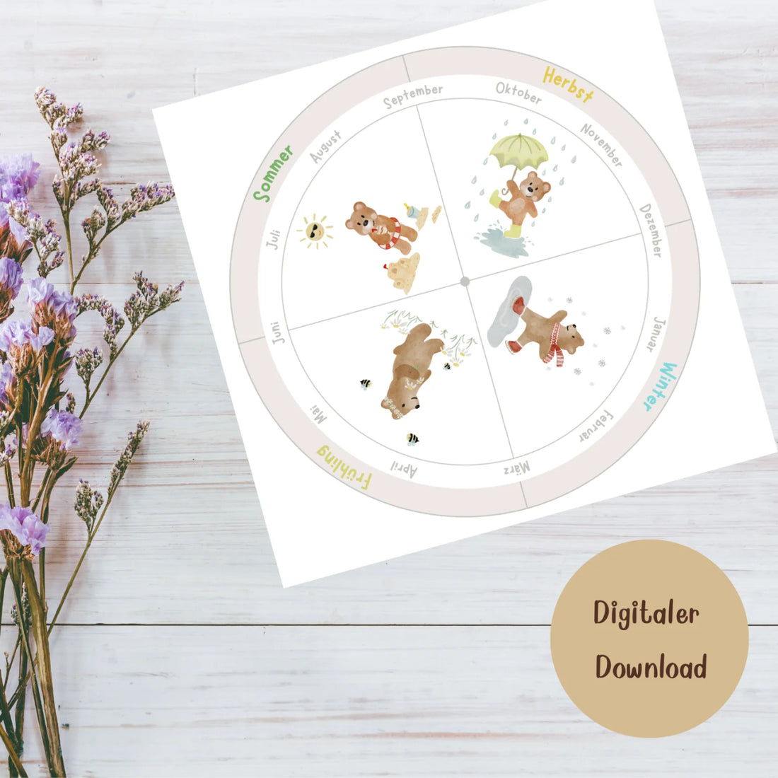 Jahreszeiten-Uhr Bär Bastelvorlage zum Download pdf