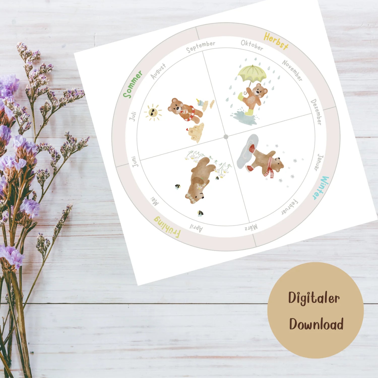 Jahreszeiten-Uhr Bär Bastelvorlage zum Download pdf