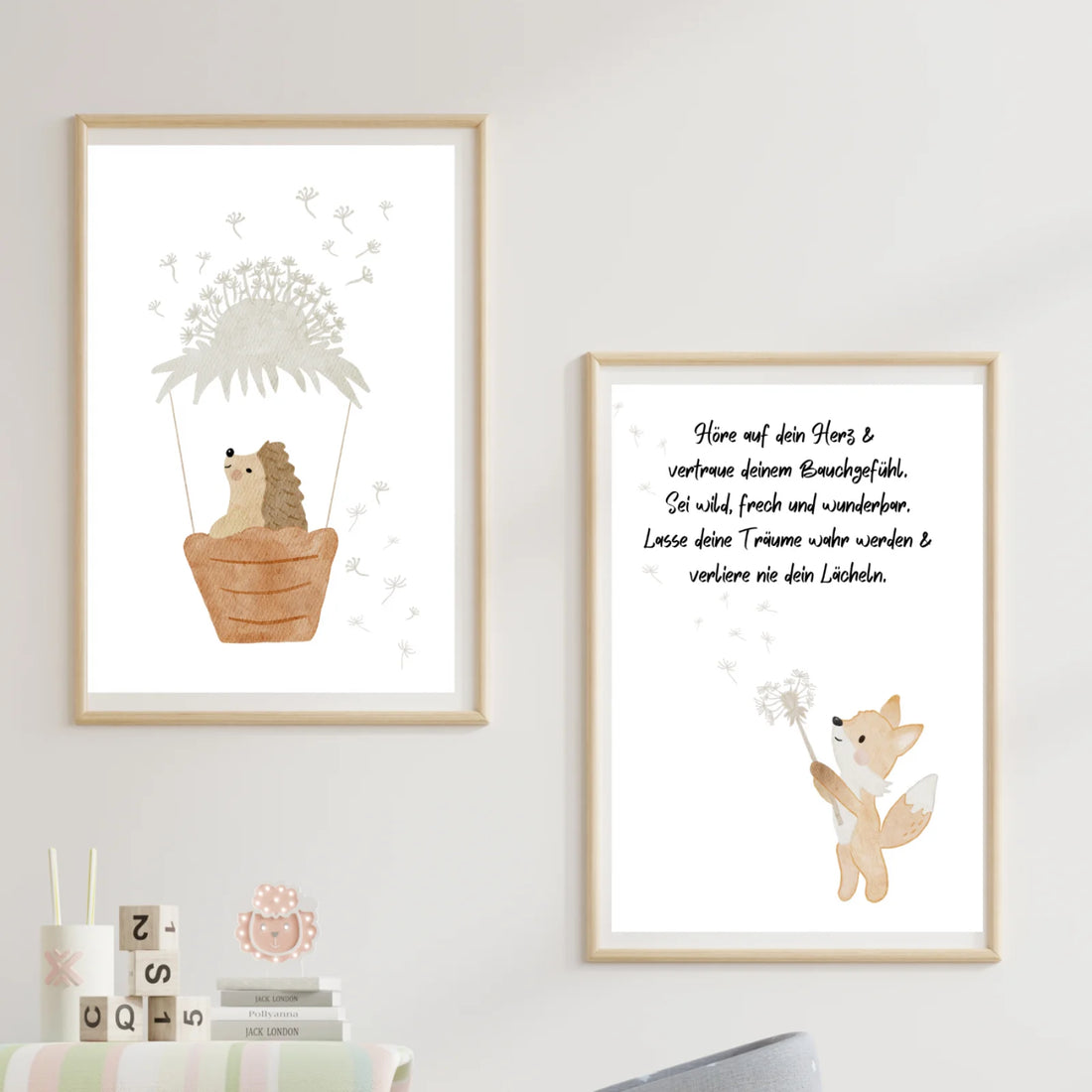 Posterset Igel und Fuchs Pusteblume Heißluftballon mit Spruch, A4 Format