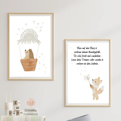 Posterset Igel und Fuchs Pusteblume Heißluftballon mit Spruch, A4 Format