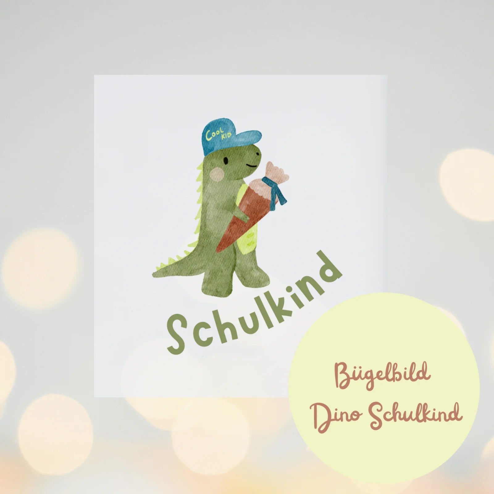 Schulkind Dino mit Schultüte – Bügelbild zur Einschulung