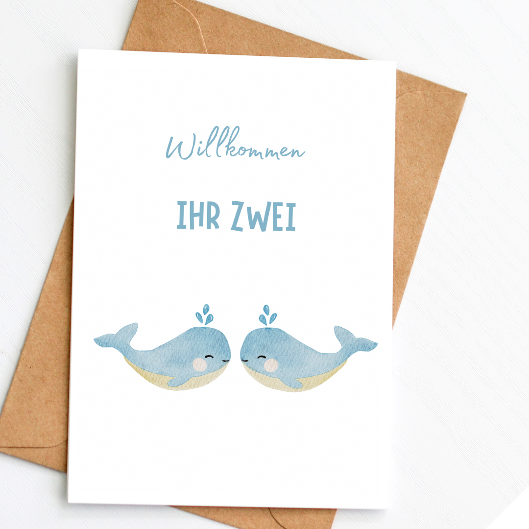 Karte „Willkommen, ihr zwei“ – Zur Geburt von Zwillingen A6 Format