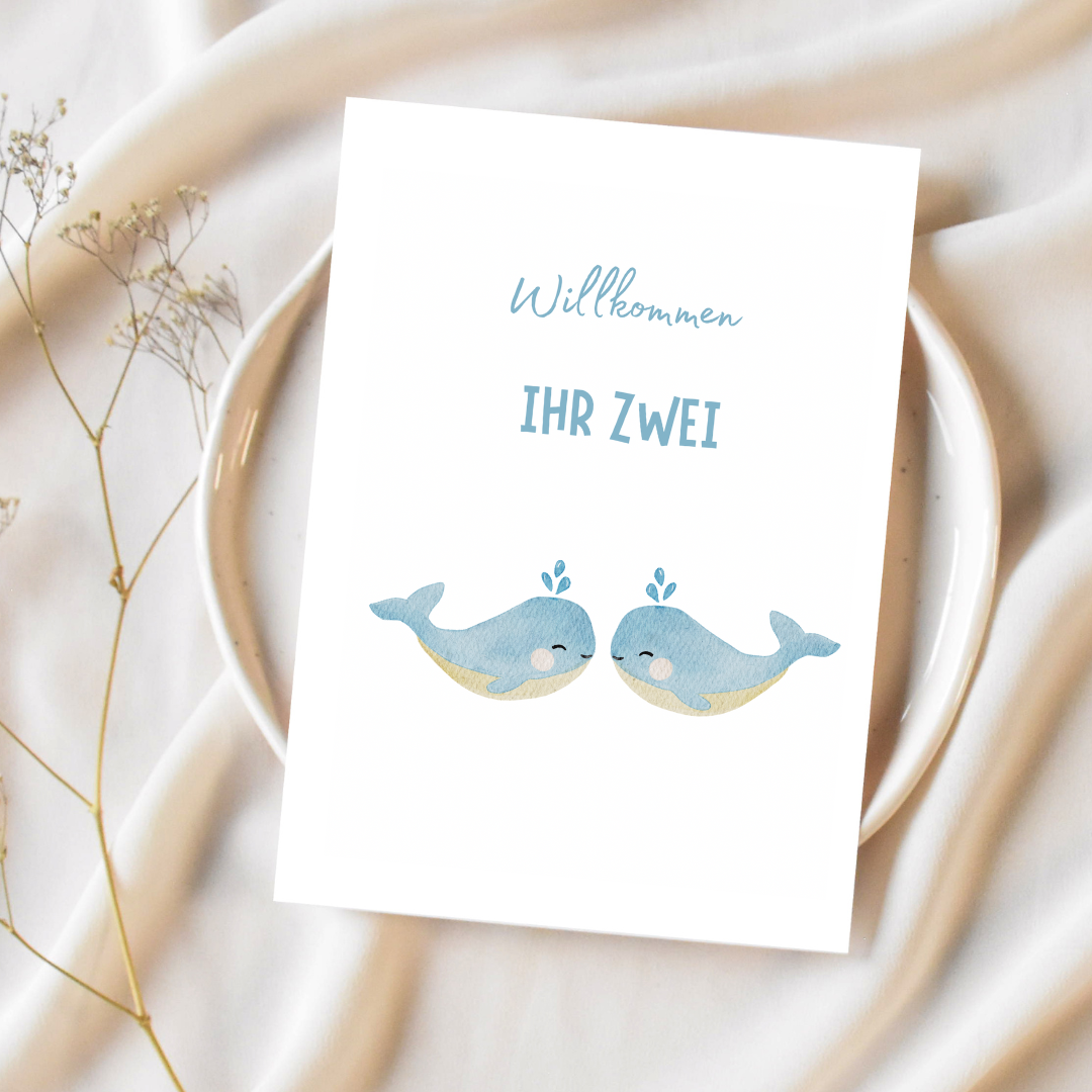 Karte „Willkommen, ihr zwei“ – Zur Geburt von Zwillingen A6 Format