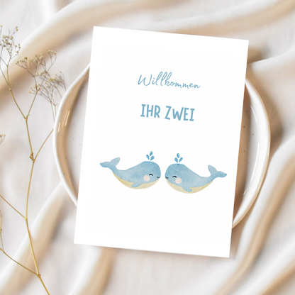 Karte „Willkommen, ihr zwei“ – Zur Geburt von Zwillingen A6 Format