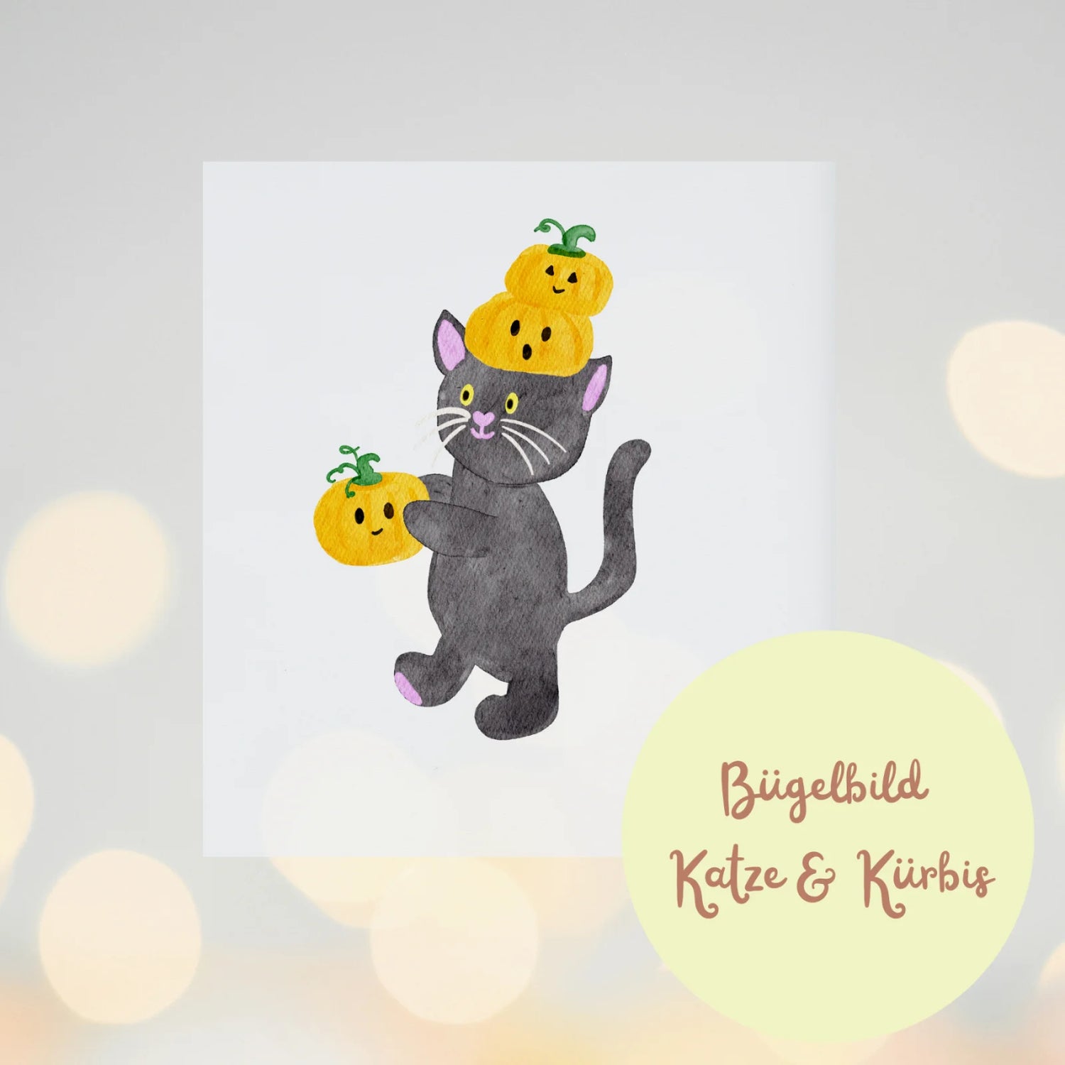 Bügelbild „Schwarze Katze mit Kürbissen“ Ideal für Halloween
