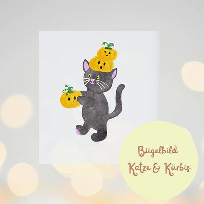 Bügelbild „Schwarze Katze mit Kürbissen“ Ideal für Halloween