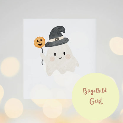 Halloween Bügelbild Gespenst Junge, Aufbügelmotiv mit Hexenhut &amp; Kürbisballon