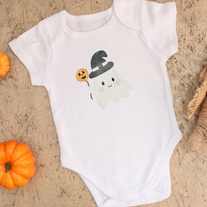 Halloween Bügelbild Gespenst Junge, Aufbügelmotiv mit Hexenhut &amp; Kürbisballon