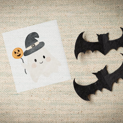 Halloween Bügelbild Gespenst Junge, Aufbügelmotiv mit Hexenhut &amp; Kürbisballon