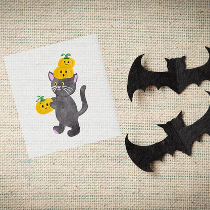 Bügelbild „Schwarze Katze mit Kürbissen“ Ideal für Halloween