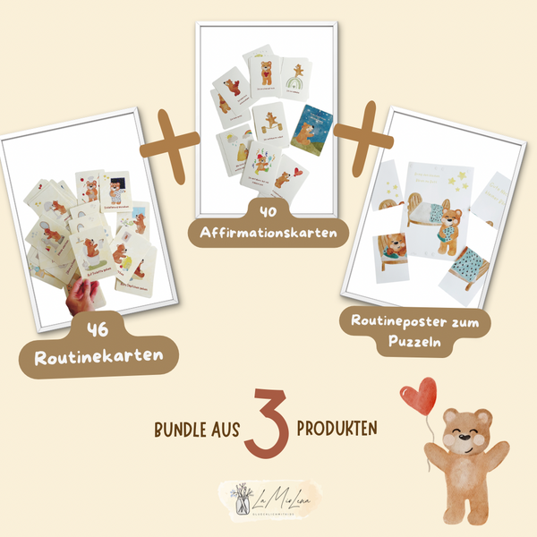 Dein entspannter Alltag mit Kindern beginnt hier: das XL Familien Bundle: 51 Routinekarten, 40 Affirmationskarten, 1 Routineposter mit 4 Karten
