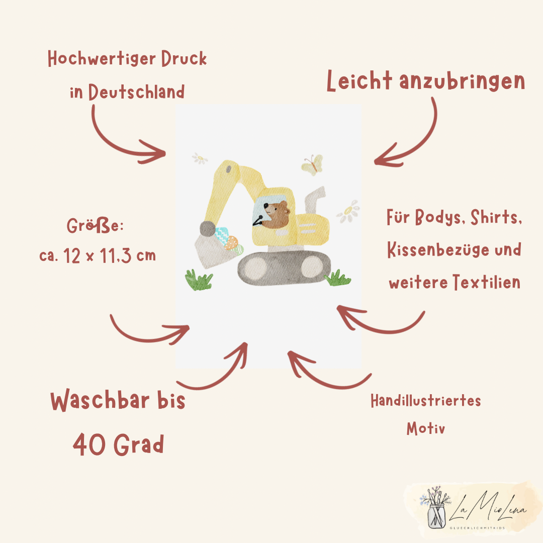 Bügelbild Bagger Bär auf Ostereiersuche
