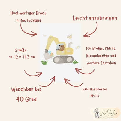 Bügelbild Bagger Bär auf Ostereiersuche