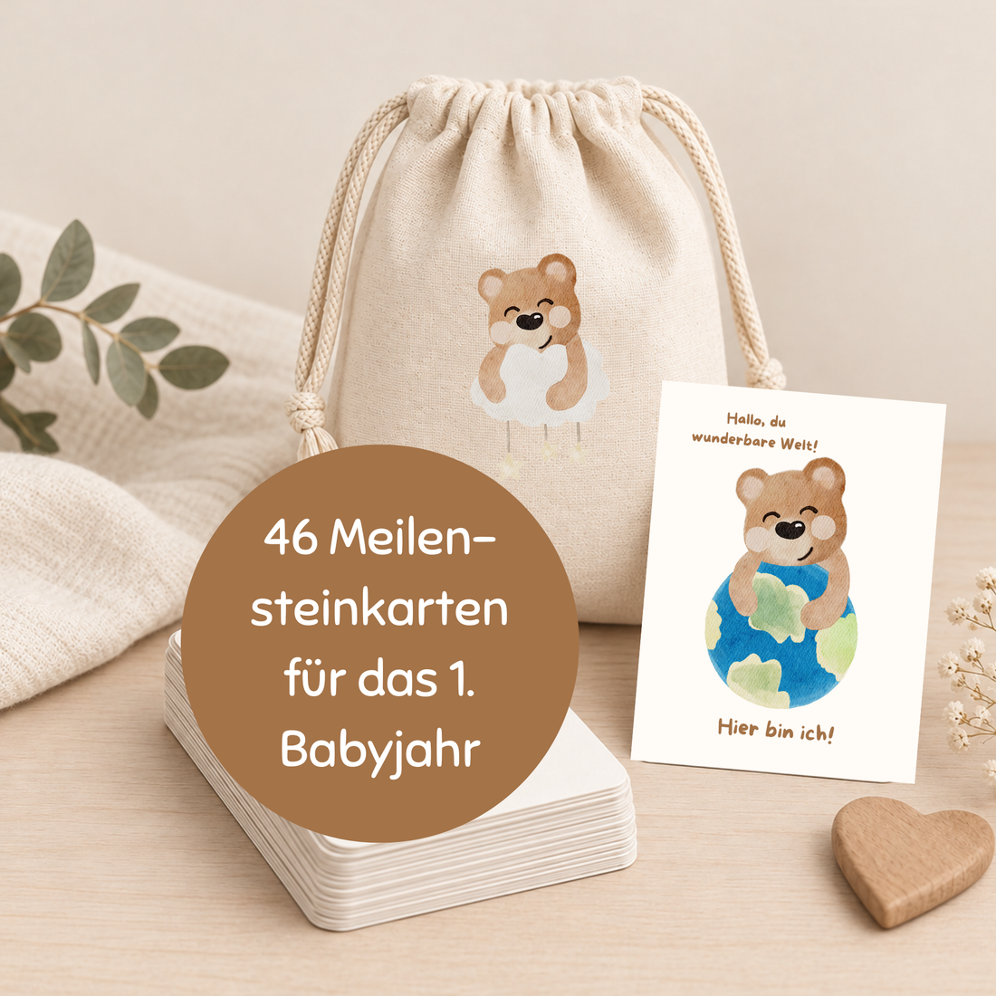 Meilensteinkarten Mios erstes Jahr: Karten mit Stoffbeutel