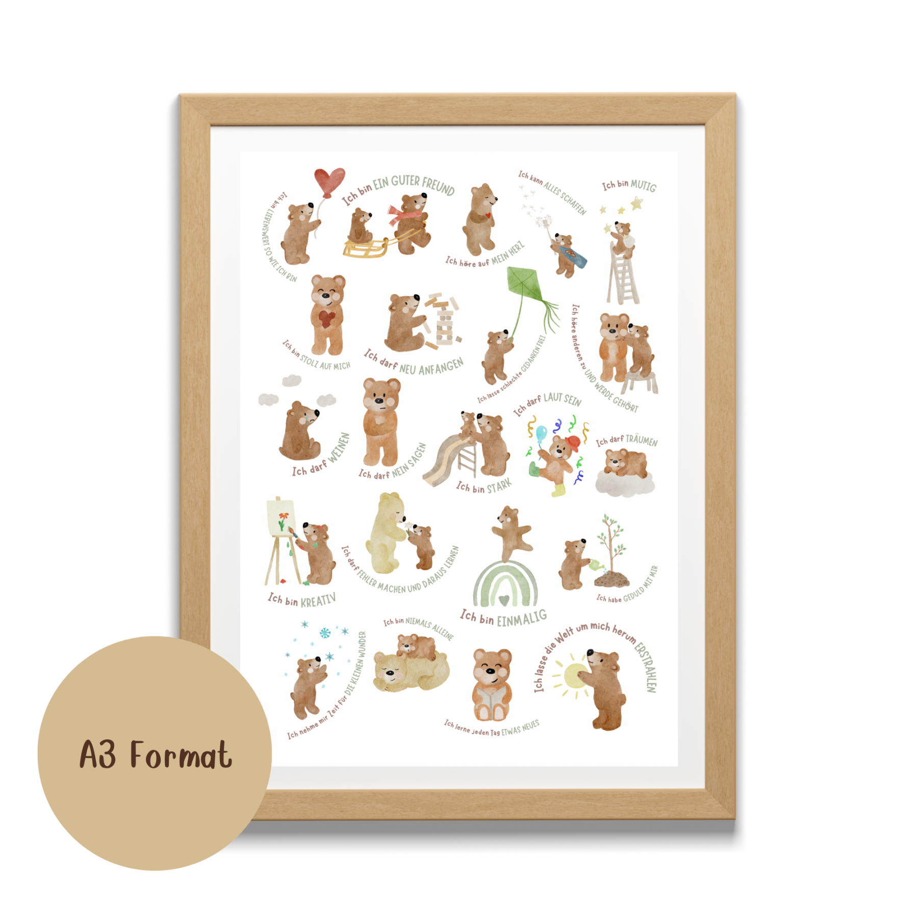 Affirmationsposter Bär A3 – 22 Affirmationen für mehr Selbstvertrauen, Mut &amp; Achtsamkeit