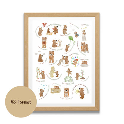 Affirmationsposter Bär A3 – 22 Affirmationen für mehr Selbstvertrauen, Mut &amp; Achtsamkeit