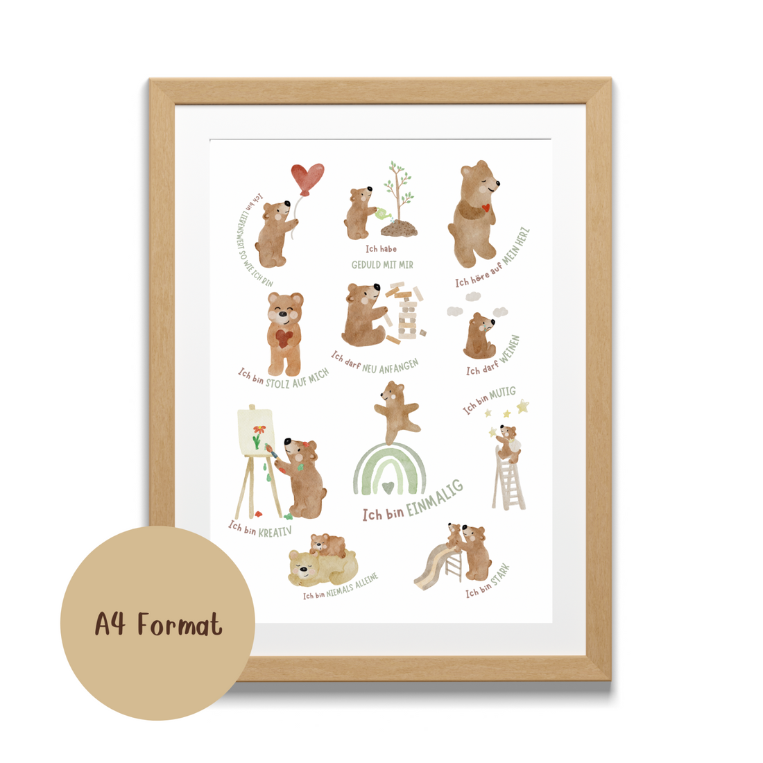 Affirmationsposter Bär A4 – 11 stärkende Gedanken für kleine Herzen
