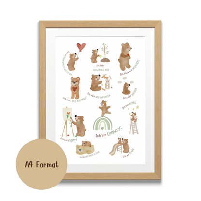 Affirmationsposter Bär A4 – 11 stärkende Gedanken für kleine Herzen